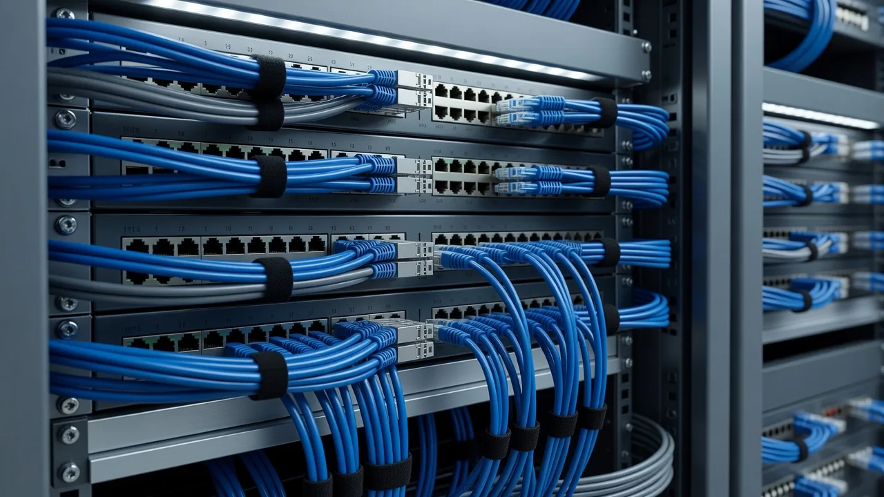 整理されたネットワーク配線のクローズアップ